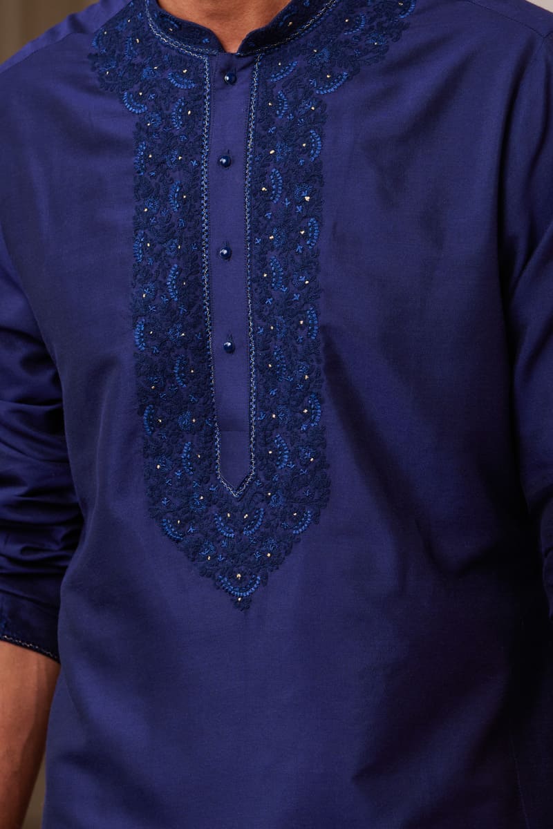 Navy Kurta Set with Thread Embroidery Details