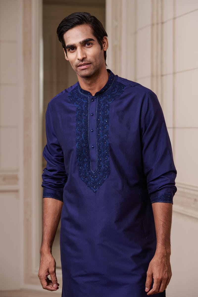 Navy Kurta Set with Thread Embroidery Details