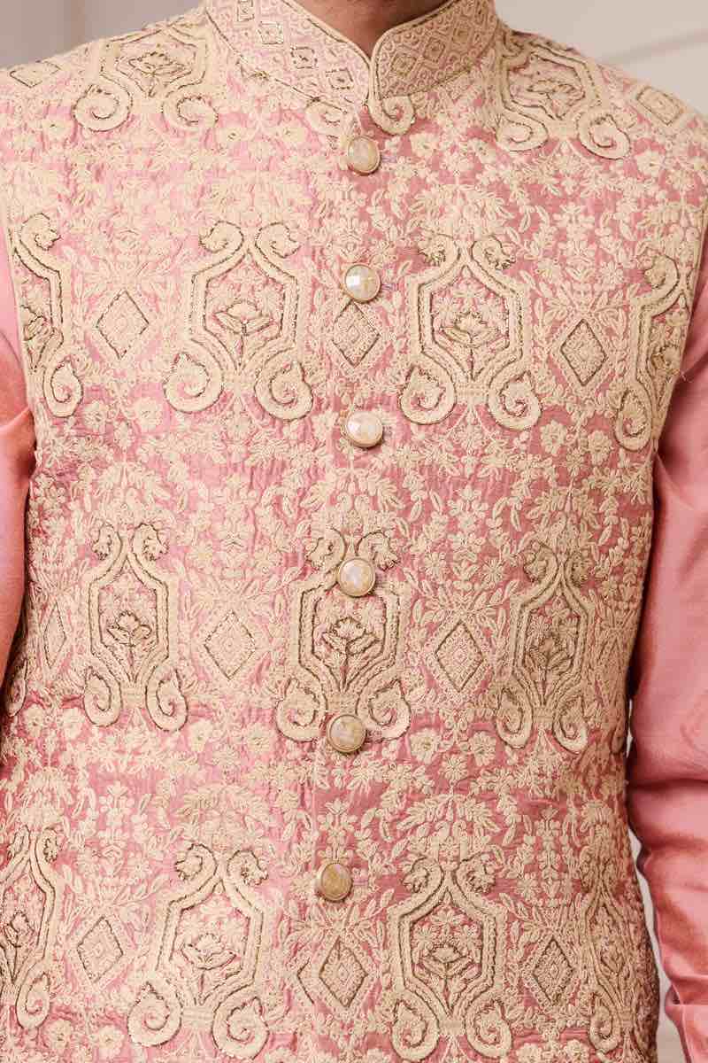 Salmon Thread and Pitta Embroidered Kurta Bundi Set