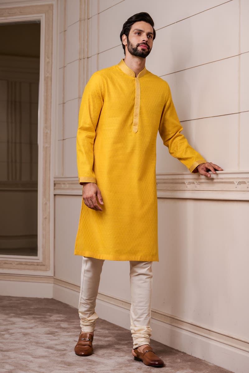 Yellow Jacquared Kurta Set with Top Stich Detailing on Placket and Collar