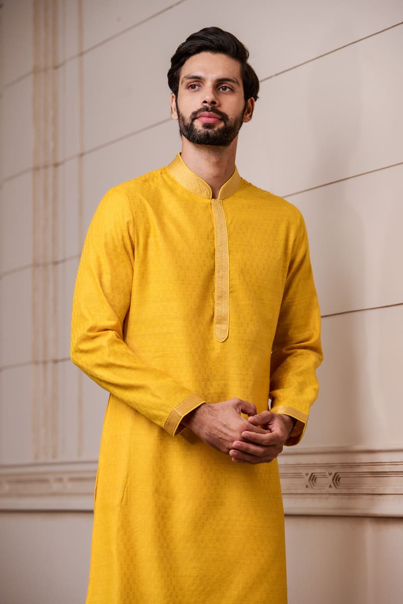 Yellow Jacquared Kurta Set with Top Stich Detailing on Placket and Collar