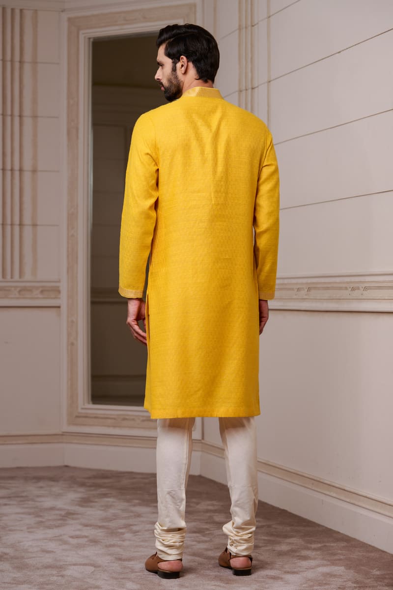 Yellow Jacquared Kurta Set with Top Stich Detailing on Placket and Collar