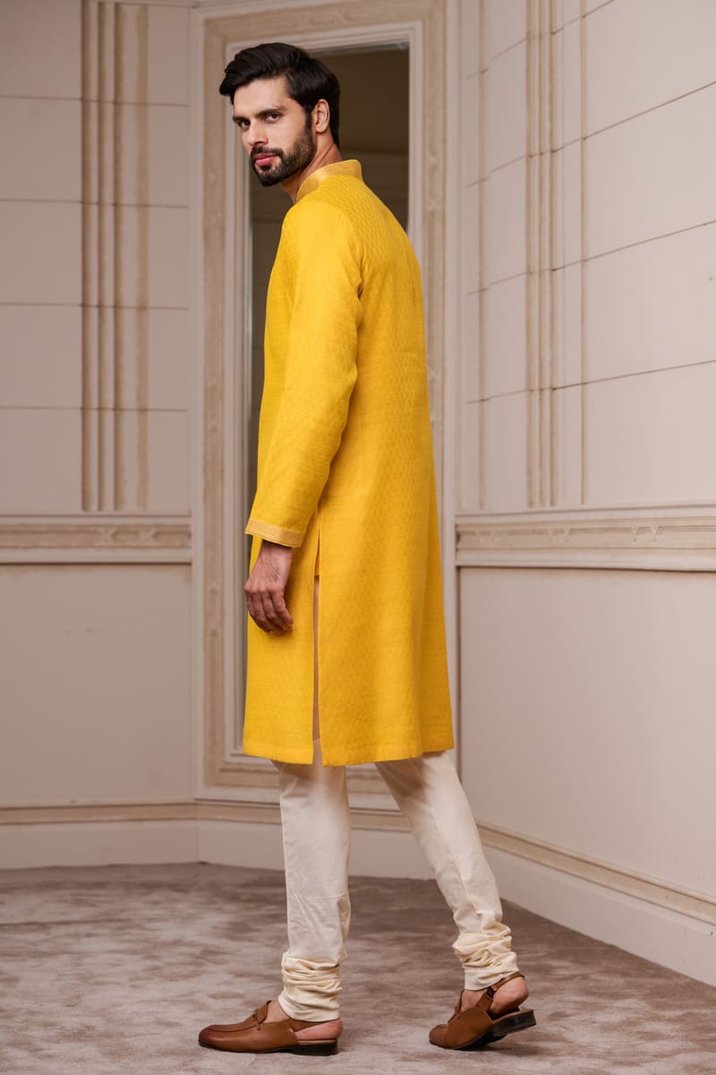 Yellow Jacquared Kurta Set with Top Stich Detailing on Placket and Collar