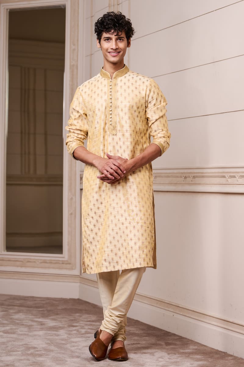Gold Jacquard Kurta Set with Top Stich Details