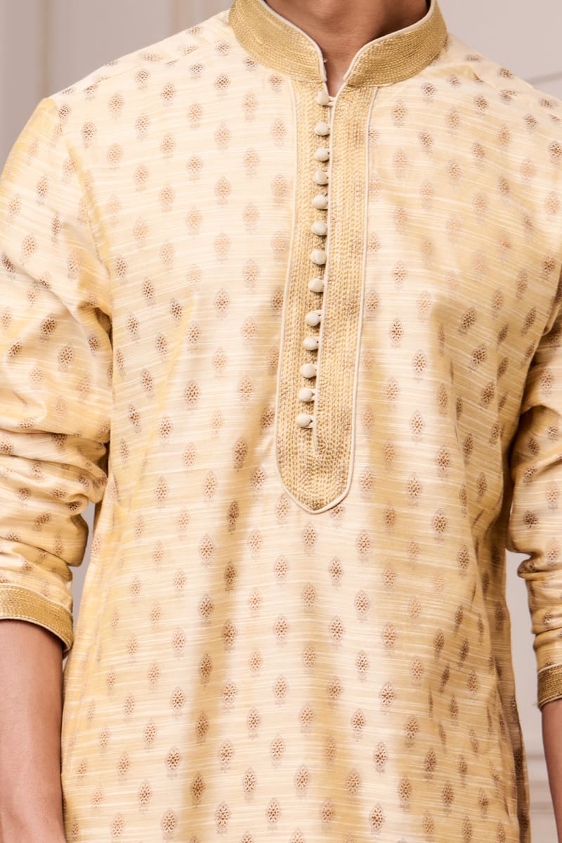 Gold Jacquard Kurta Set with Top Stich Details