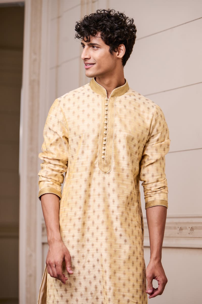 Gold Jacquard Kurta Set with Top Stich Details