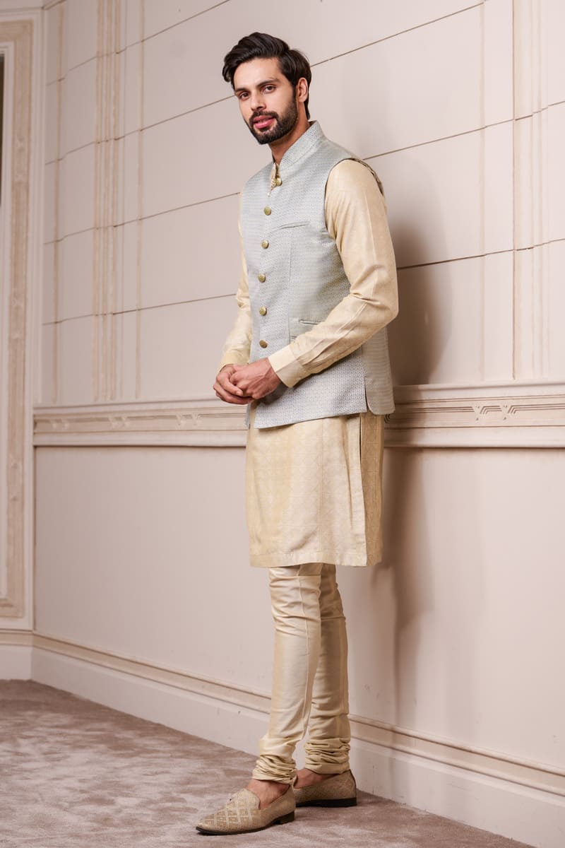 Gold Blue Jacquard Kurta Bundi Set