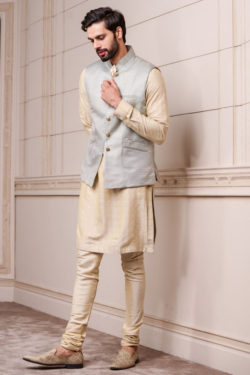 Gold Blue Jacquard Kurta Bundi Set