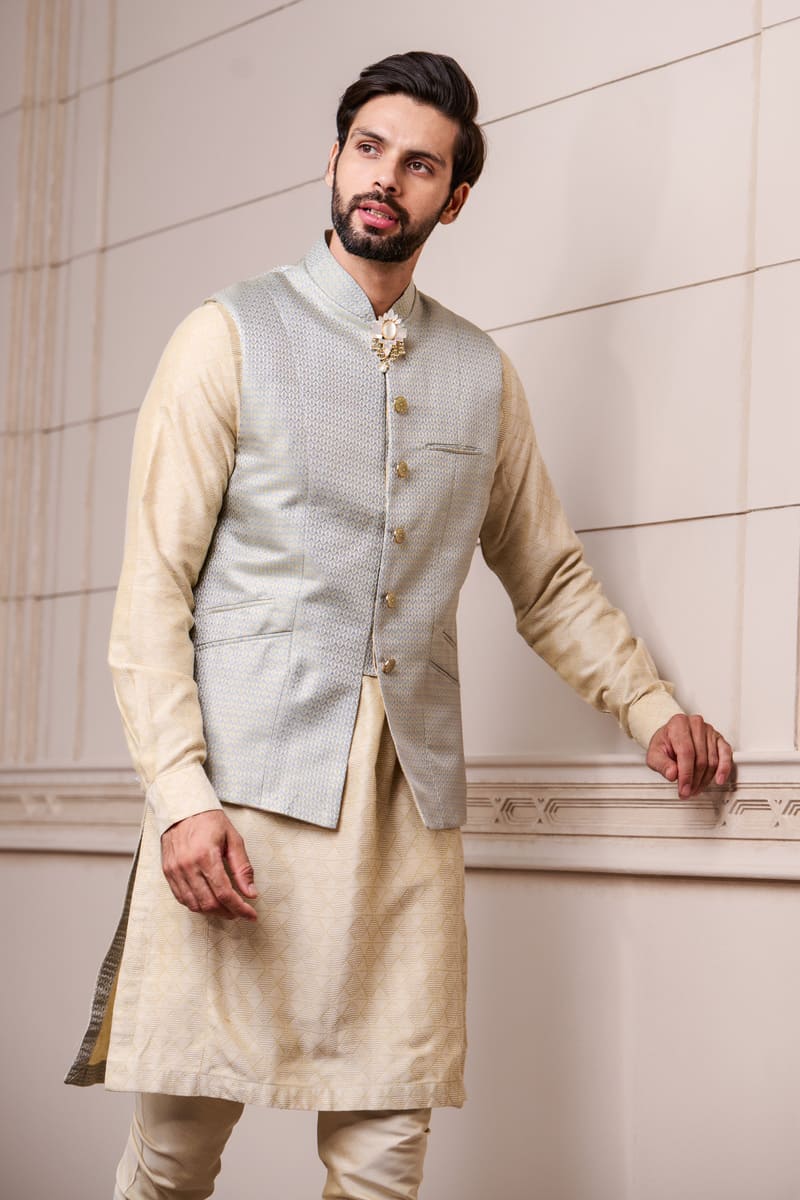Gold Blue Jacquard Kurta Bundi Set