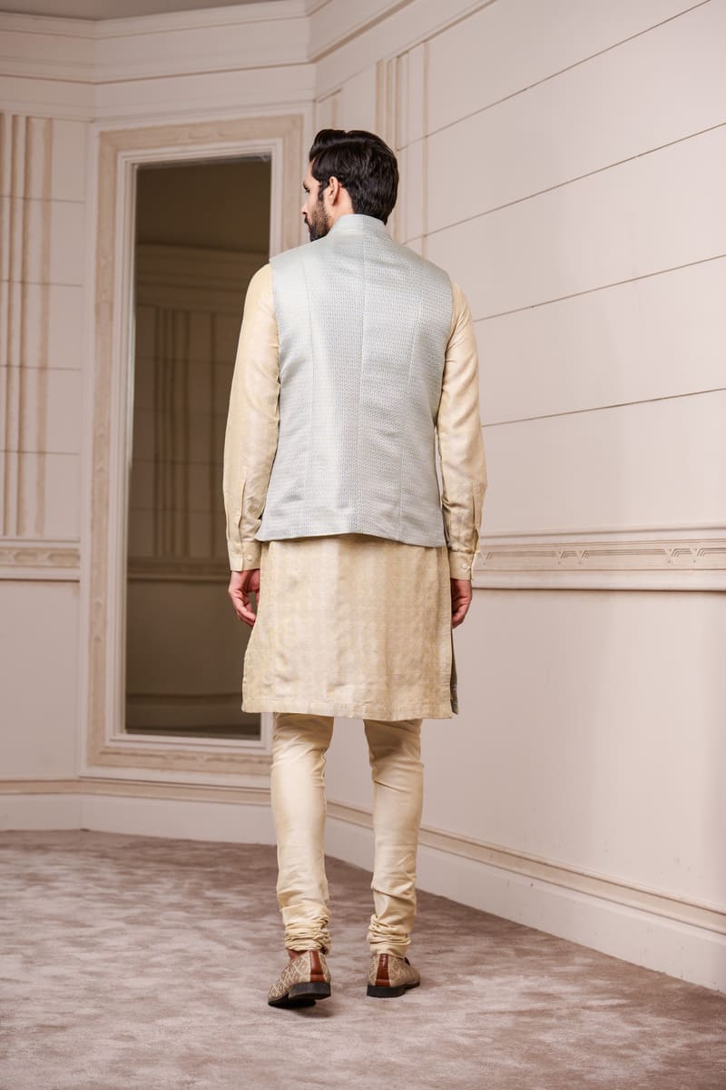 Gold Blue Jacquard Kurta Bundi Set