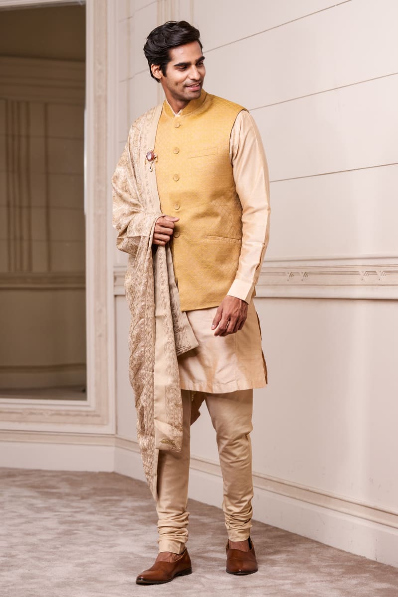 Gold Jacquard Kurta Bundi Set