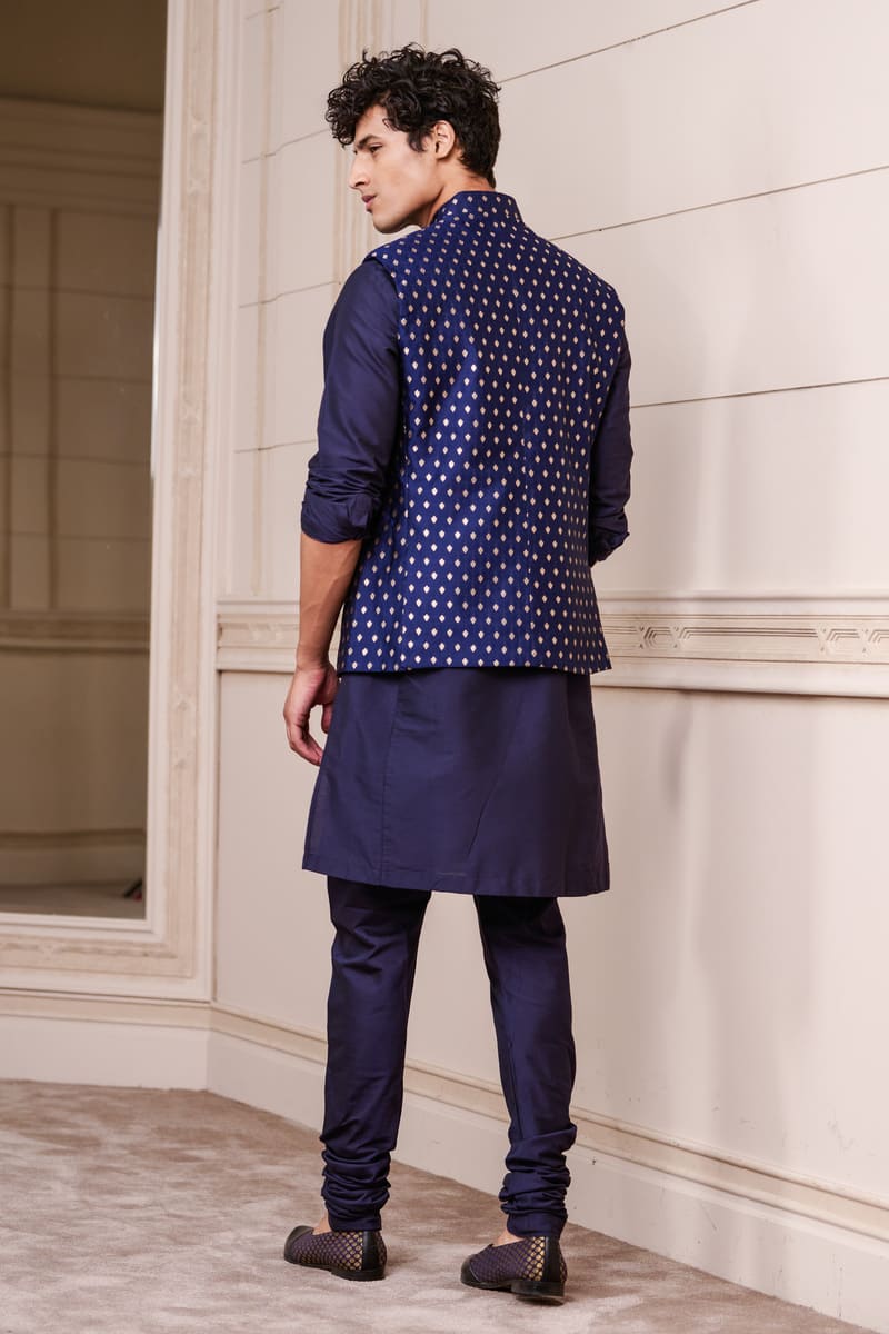 Navy Brocade Kurta Bundi Set