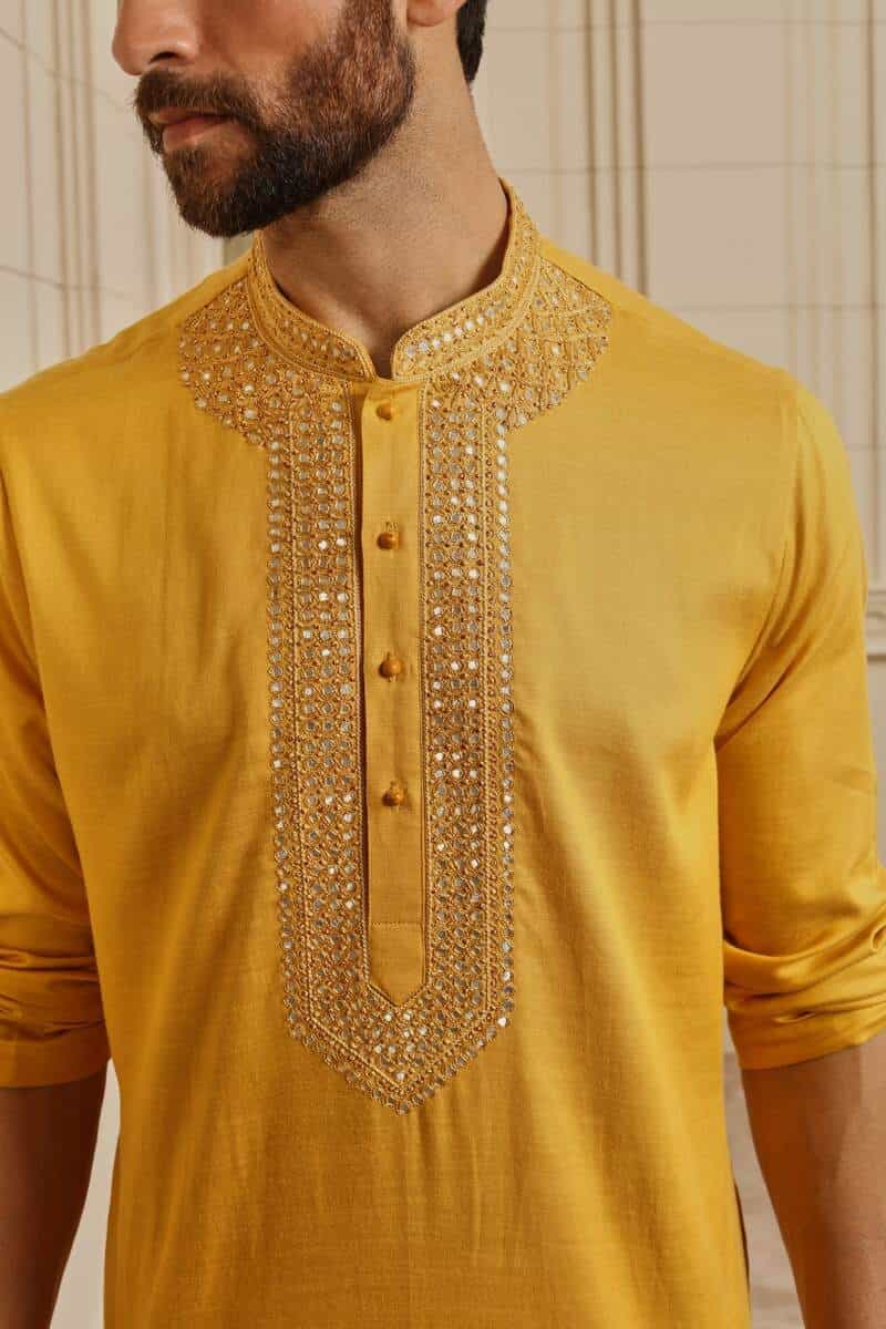 Mustard Mirror Work Kurta Set