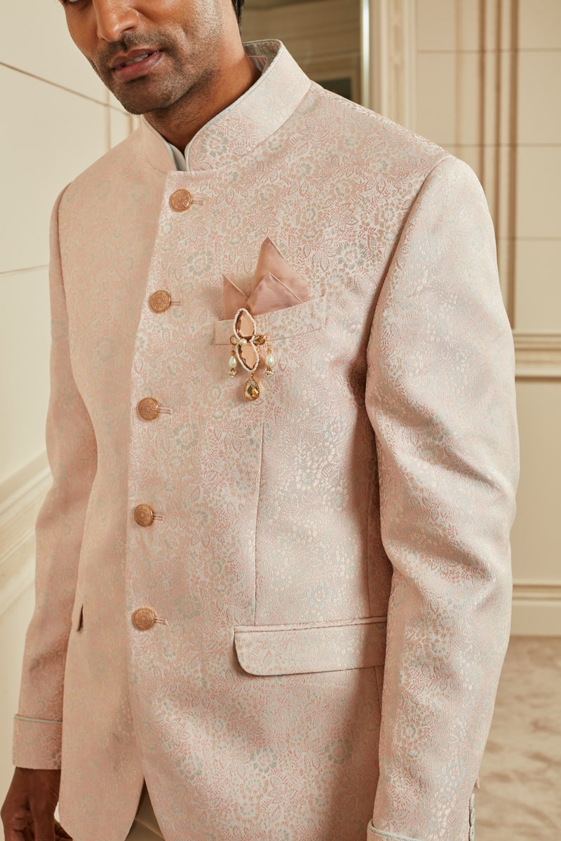 Peach Jacquard Bandhgala