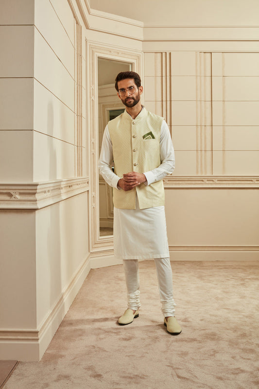 Mint Jacquard Kurta Bundi Set