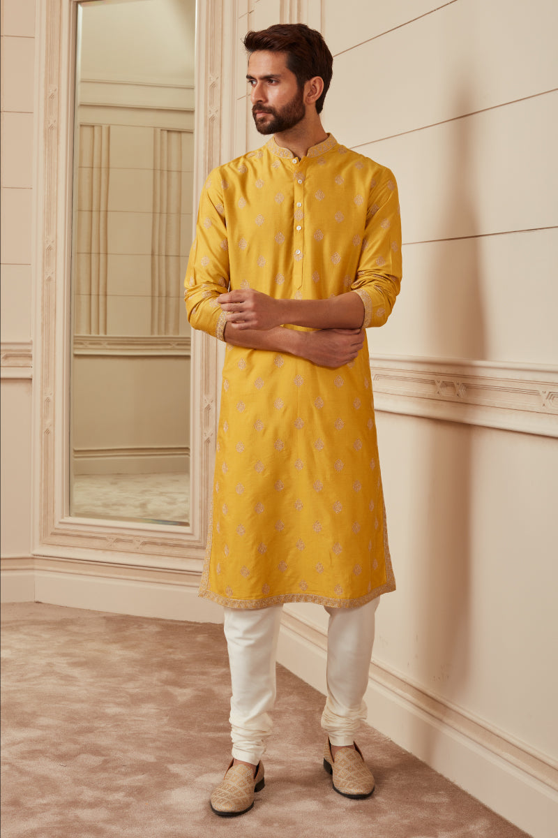 Mustard Butti Jaal Kurta Set