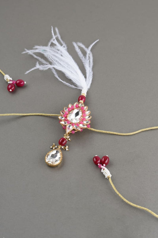 Red Pearl Crystal Drop Sarpech With Feather Detailing