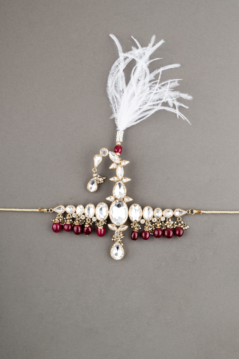 Red Crystal Drop Sarpech With Feather Detailing
