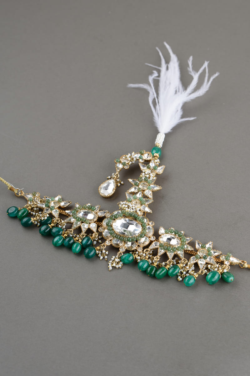 Elaborate Dark Green Crystal Drop Sarpech  With Feather Detailing