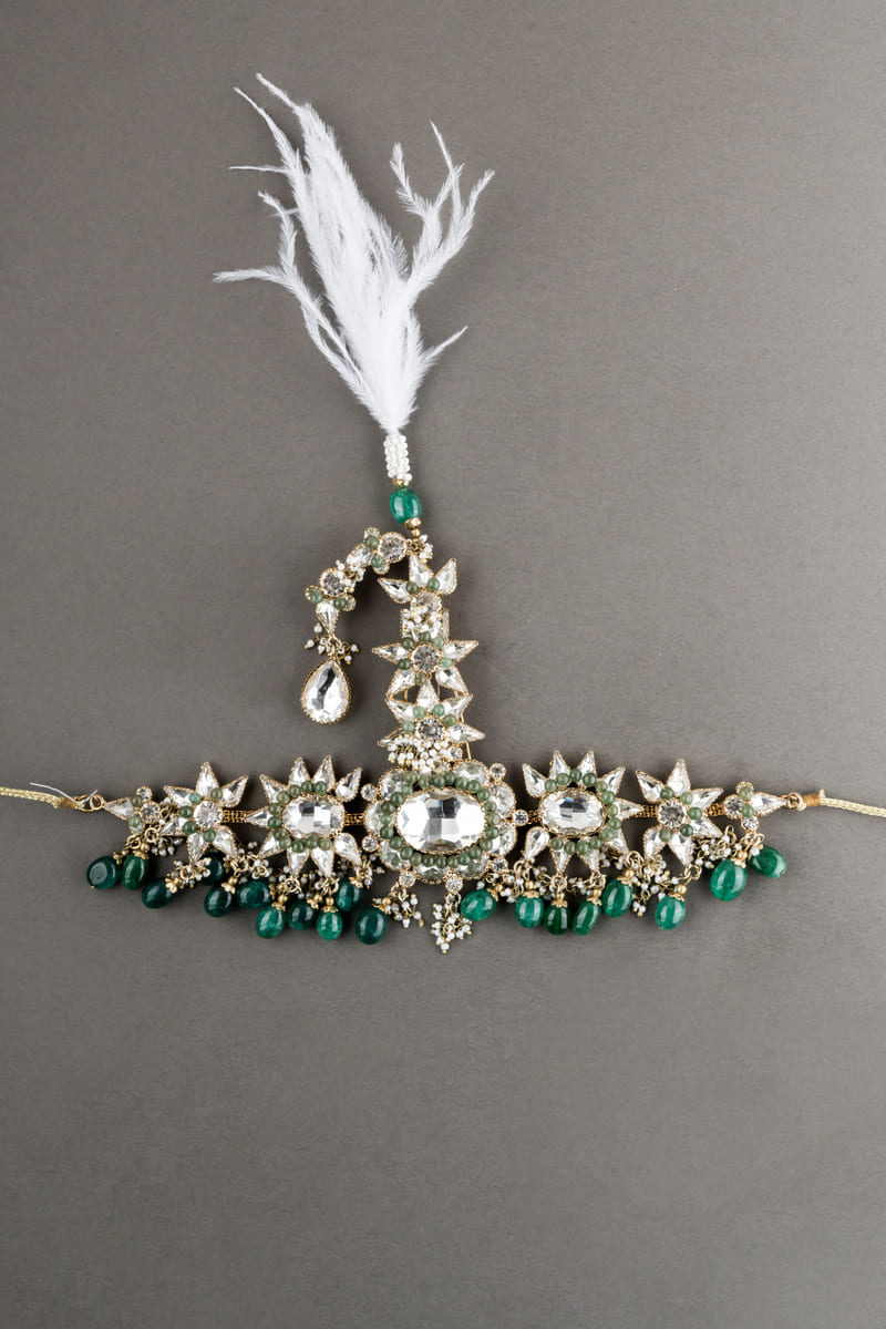Elaborate Dark Green Crystal Drop Sarpech  With Feather Detailing