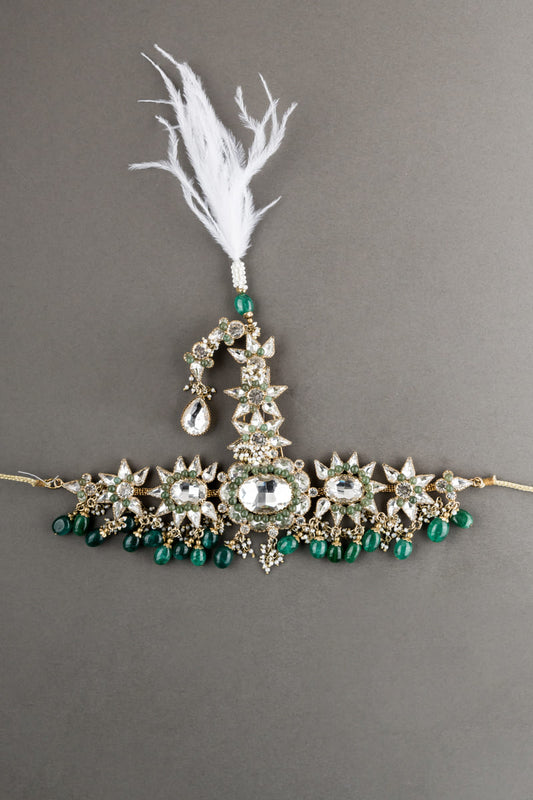 Elaborate Dark Green Crystal Drop Sarpech  With Feather Detailing