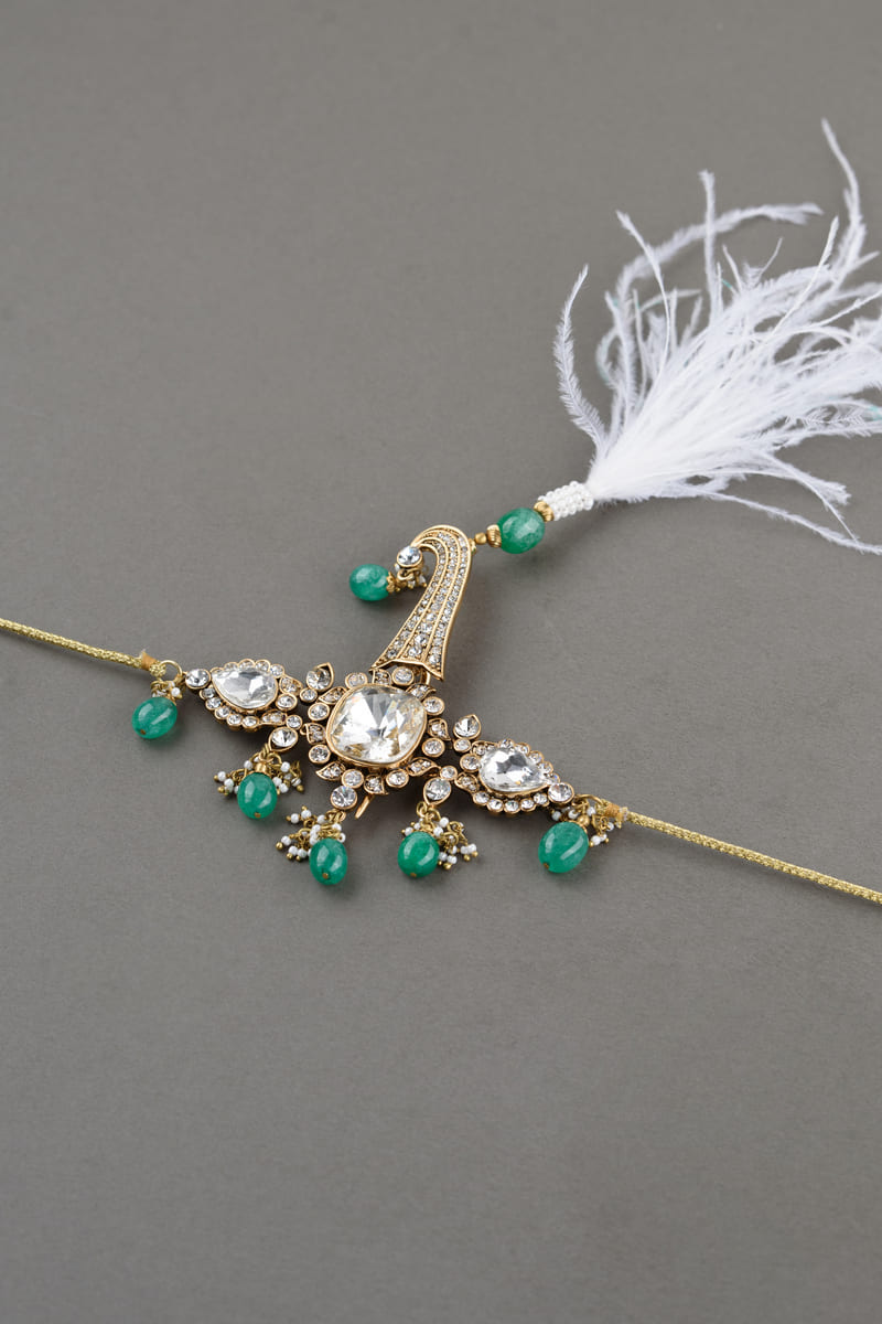 Dark Green Crystal Drop Sarpech With Feather Detailing