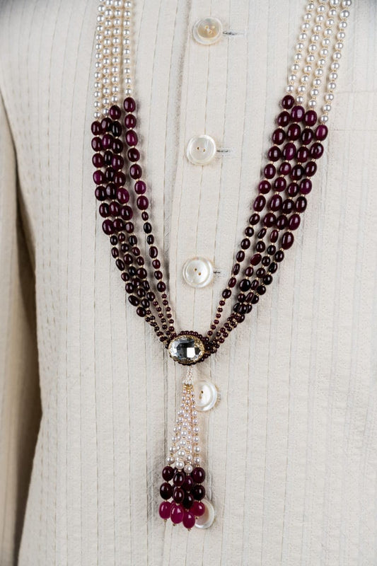 Maroon And White Four Layered Mala
