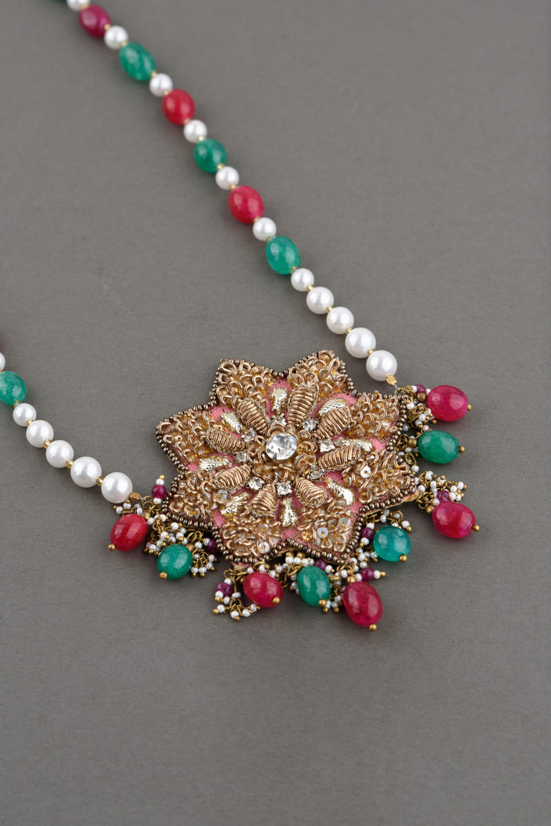 Multi Embroidered Centre Flower With Pearl String Sehra
