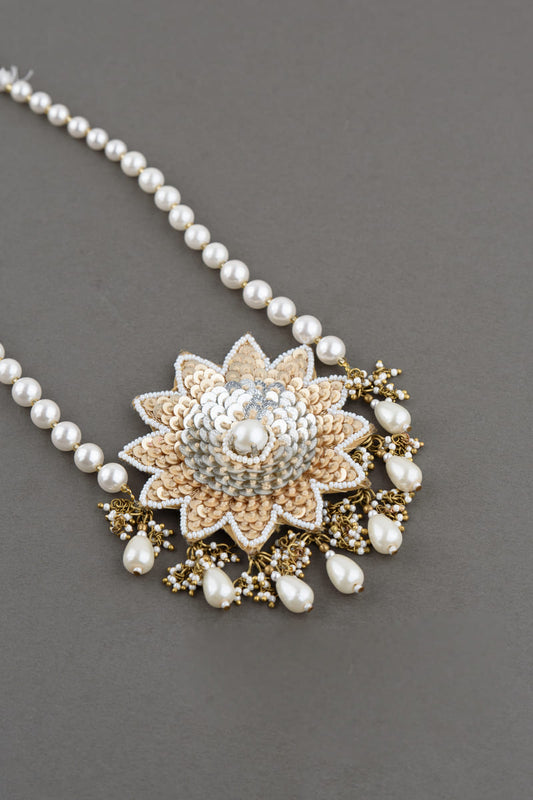 Gold Embroidered Centre Flower With Pearl String Sehra