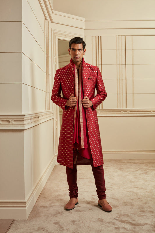 Red Tanchoi Brocade Sherwani