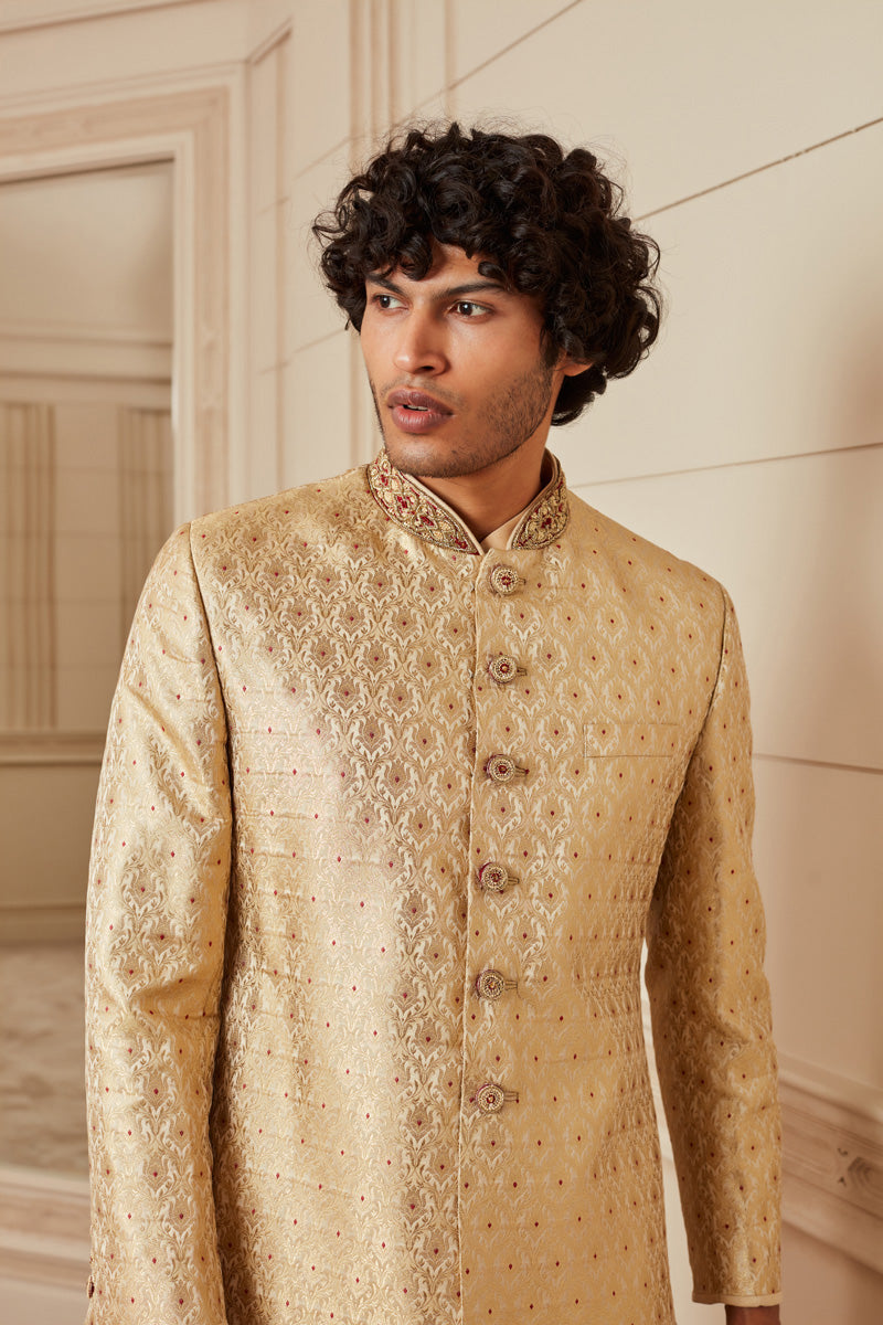 Beige Gold Embroidered Sherwani