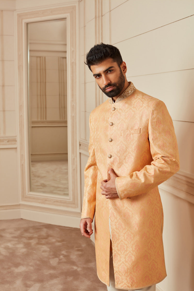Peach Brocade Achkan