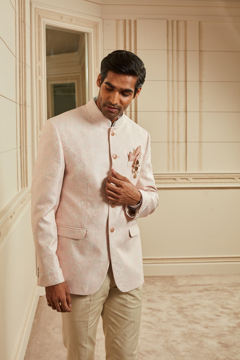 Peach Jacquard Bandhgala