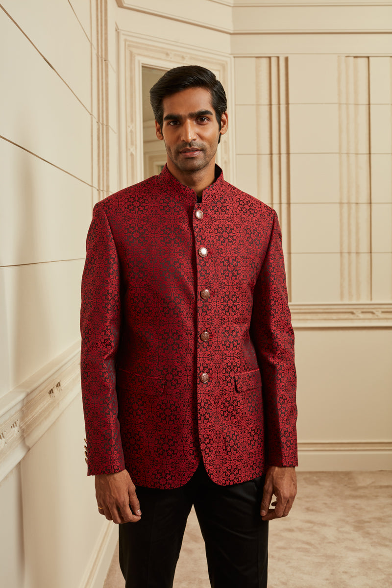 Red Textured Bandhgala