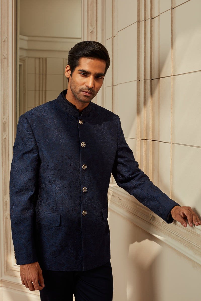 Navy Thread Embroidered Bandhgala