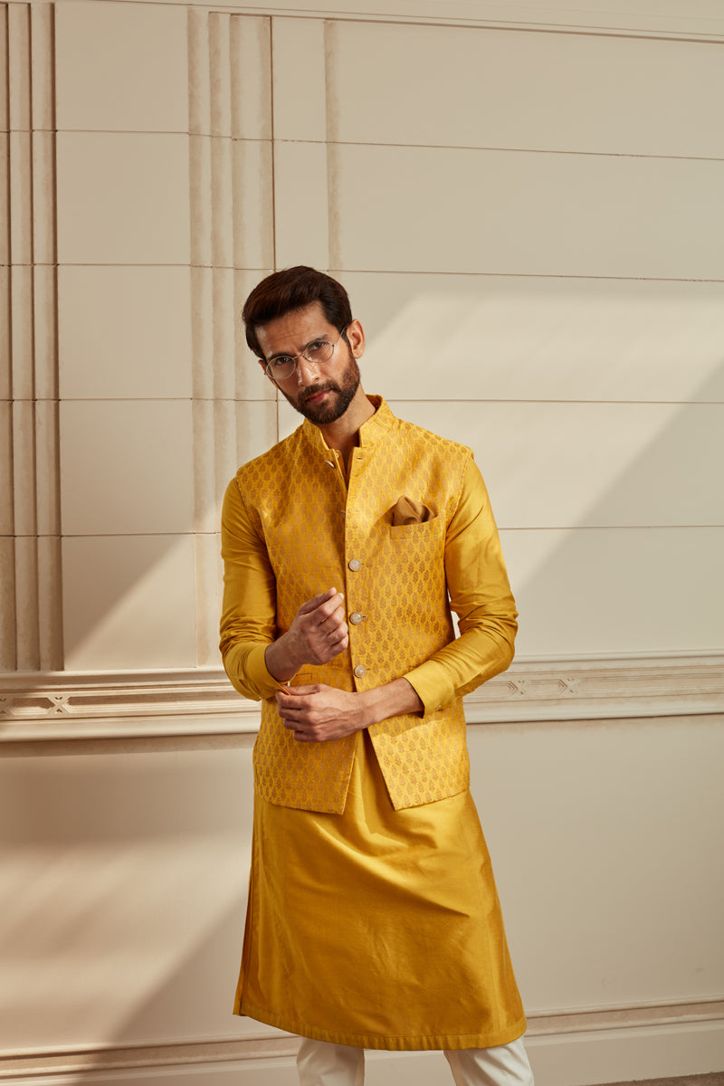 Mustard Brocade Kurta Bundi Set