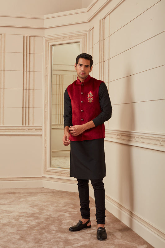 Maroon Velvet Kurta Bundi Set