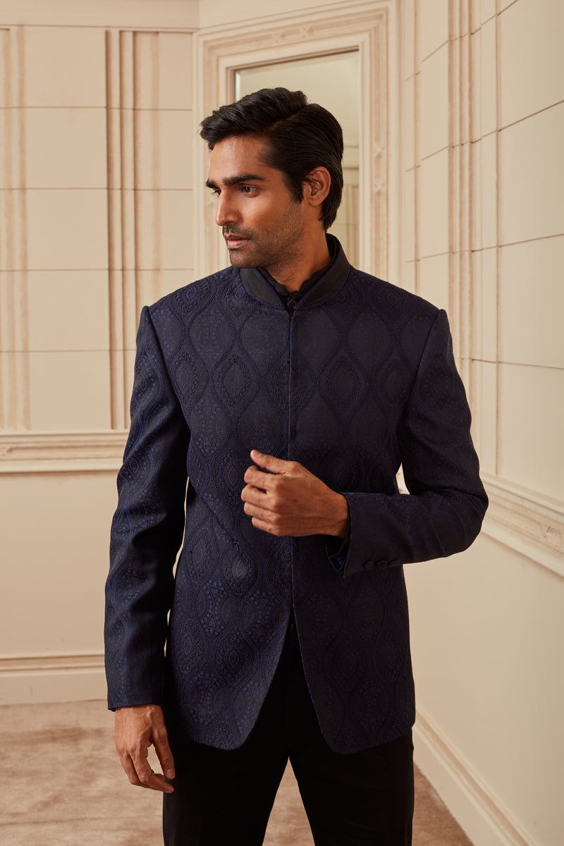 Navy Jacquard Bandhgala