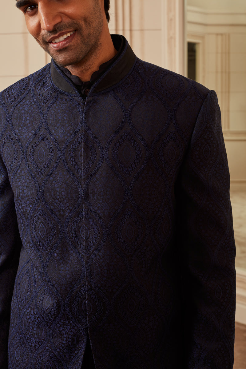 Navy Jacquard Bandhgala
