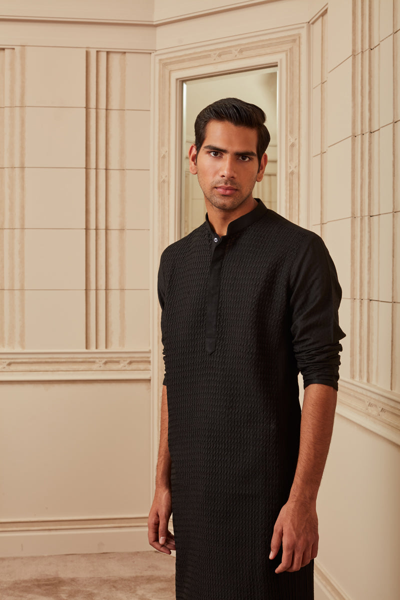 Black All Over Textured Kurta Set