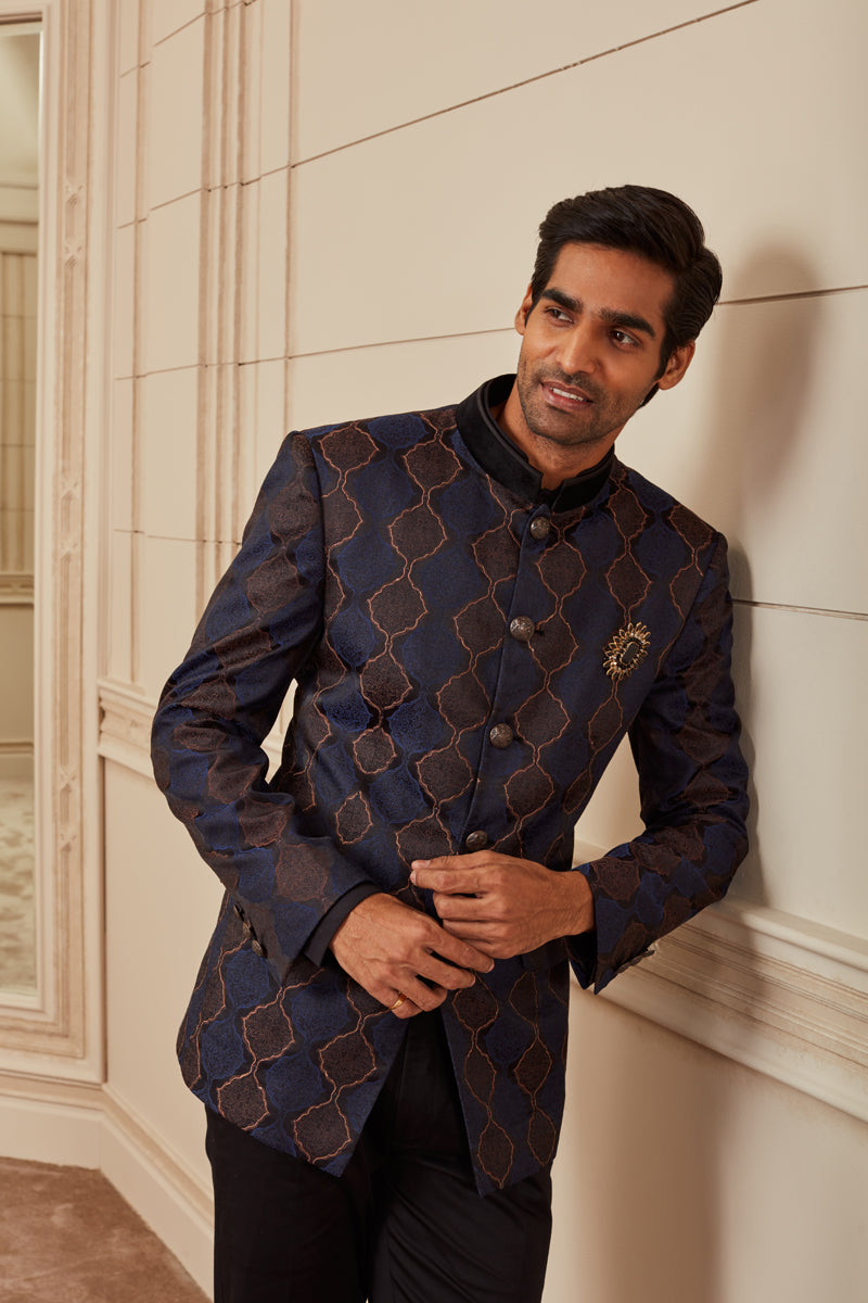 Navy All Over Jacquard Bandhgala