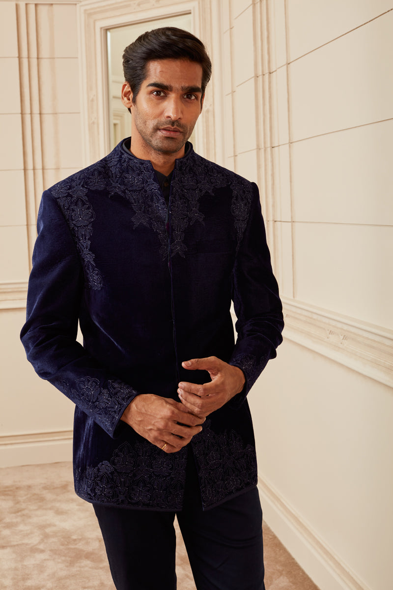 Navy Velvet Embroidered Bandhgala