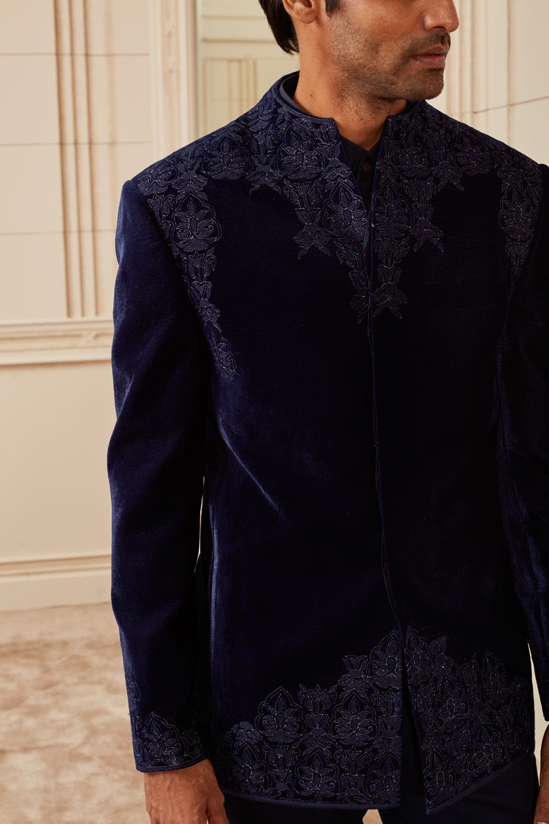 Navy Velvet Embroidered Bandhgala